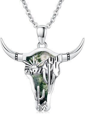 Women's Silver Moss Agate Sterling Pendant Highland Cow Skull Western Necklace